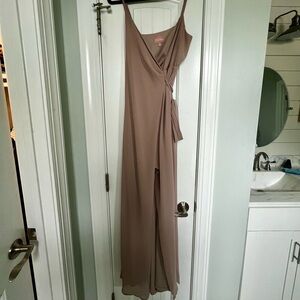 Show me your MuMu bridesmaid dress, chiffon material, color is “Dune”